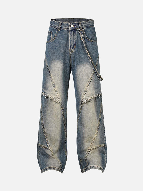 Front view of blue washed distressed baggy jeans by TALISHKO, featuring unique stitching.