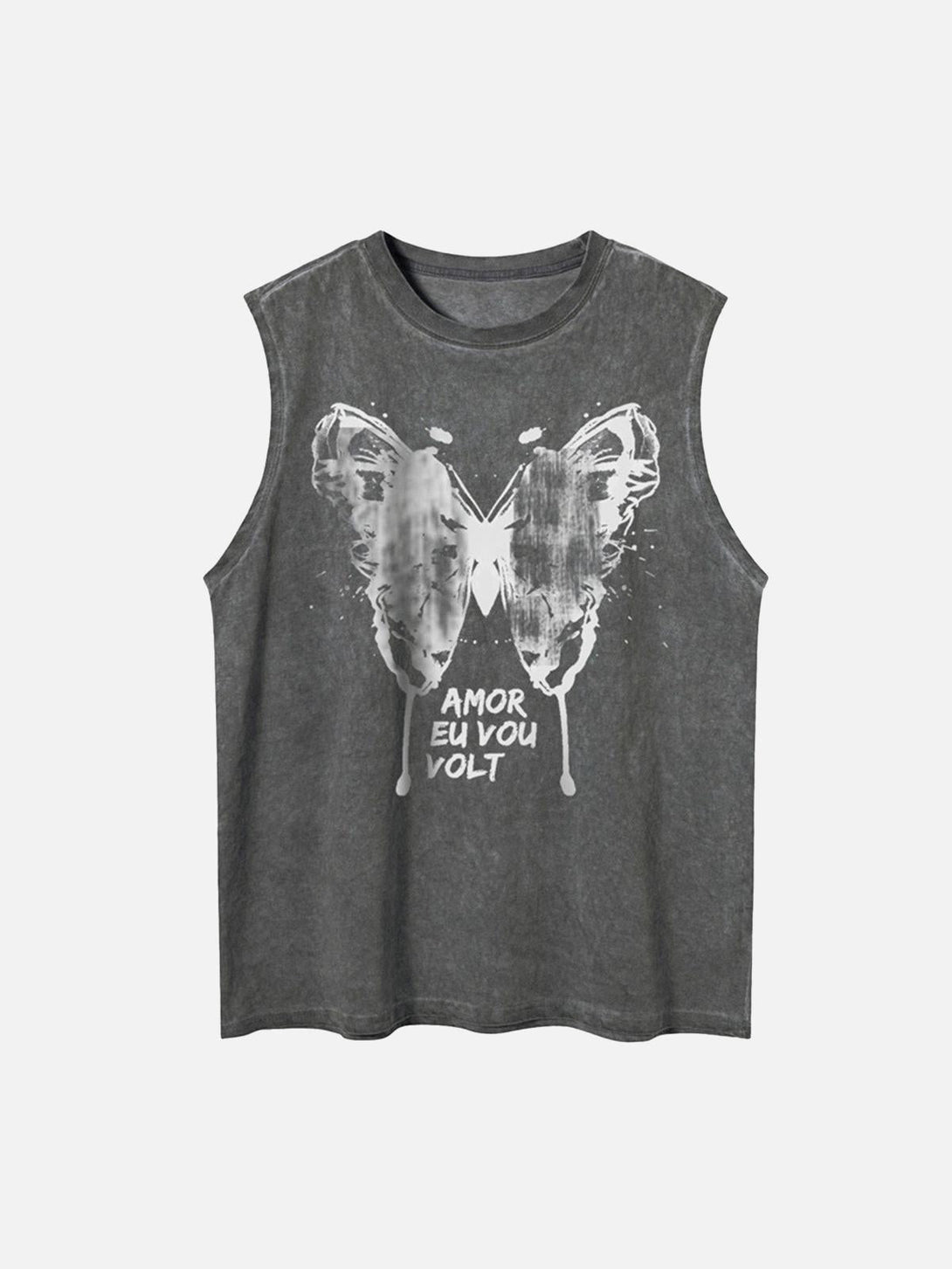Gray butterfly print vest by TALISHKO, showcasing a washed distressed style in the front view.