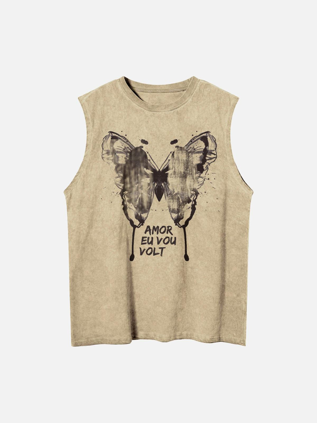Khaki butterfly print vest by TALISHKO, featuring a washed distressed look in a front view.
