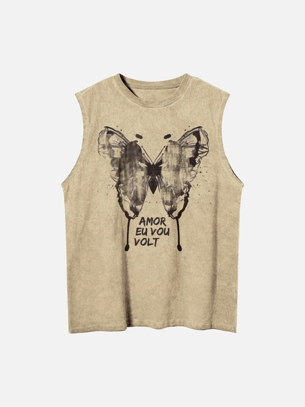 Khaki butterfly print vest by TALISHKO, featuring a washed distressed look in a front view.