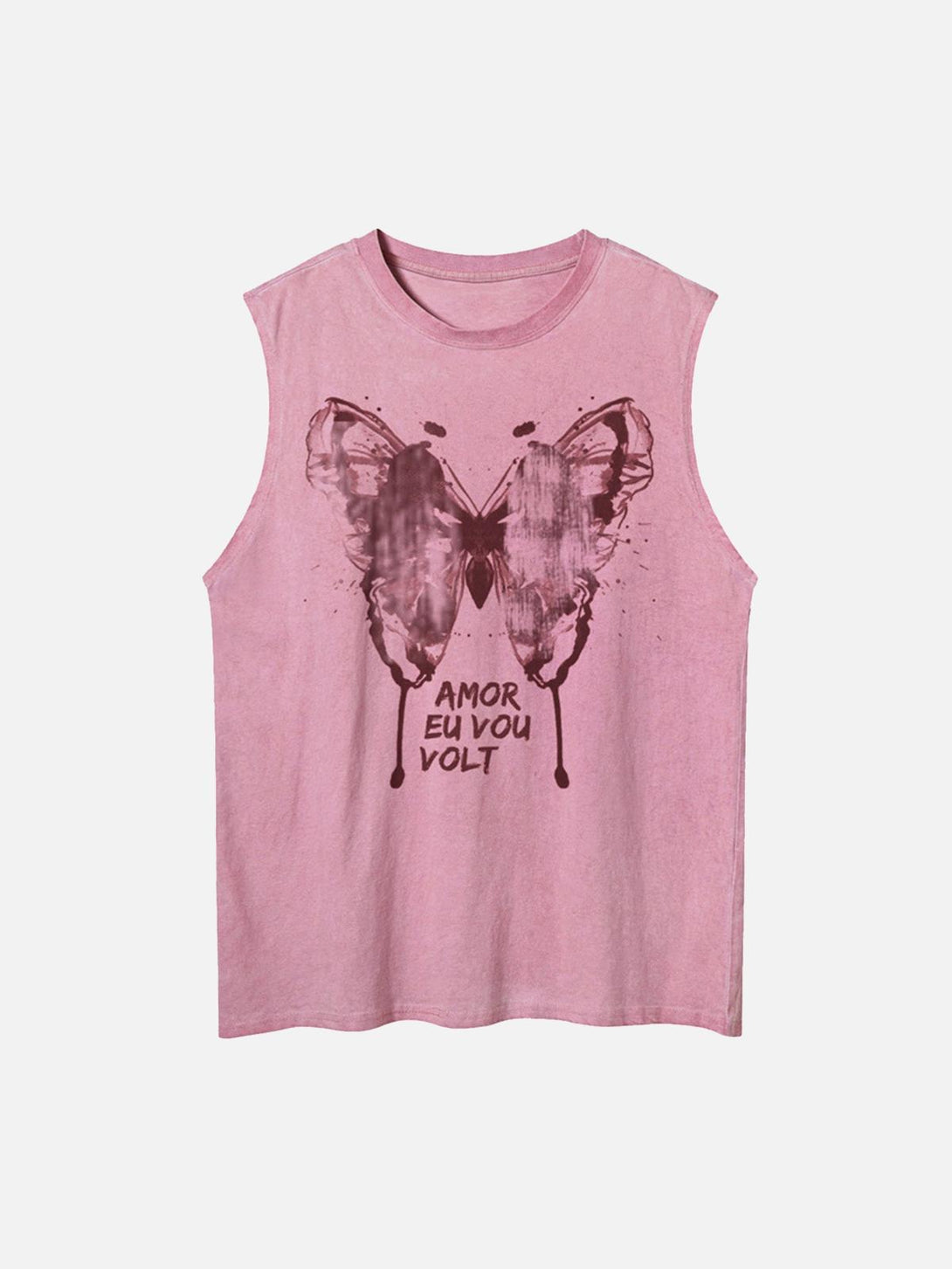 Pink butterfly print vest by TALISHKO, showcasing a washed, distressed style in front view.