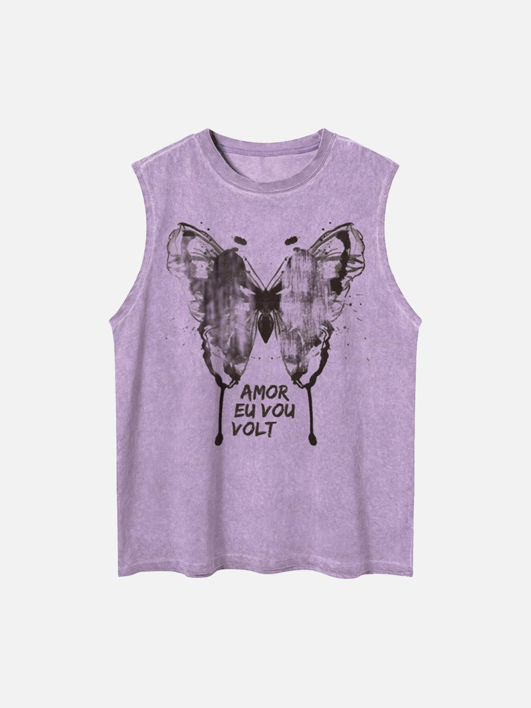 Purple butterfly print vest by TALISHKO, featuring a washed distressed look in the front view.