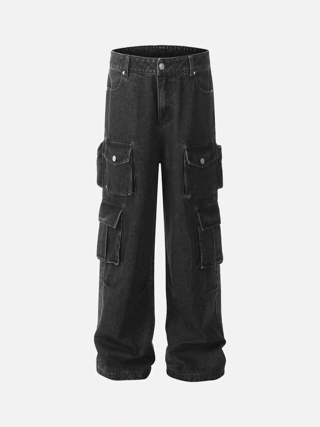 Front view of black washed distressed cargo pocket jeans by TALISHKO, showcasing urban style.