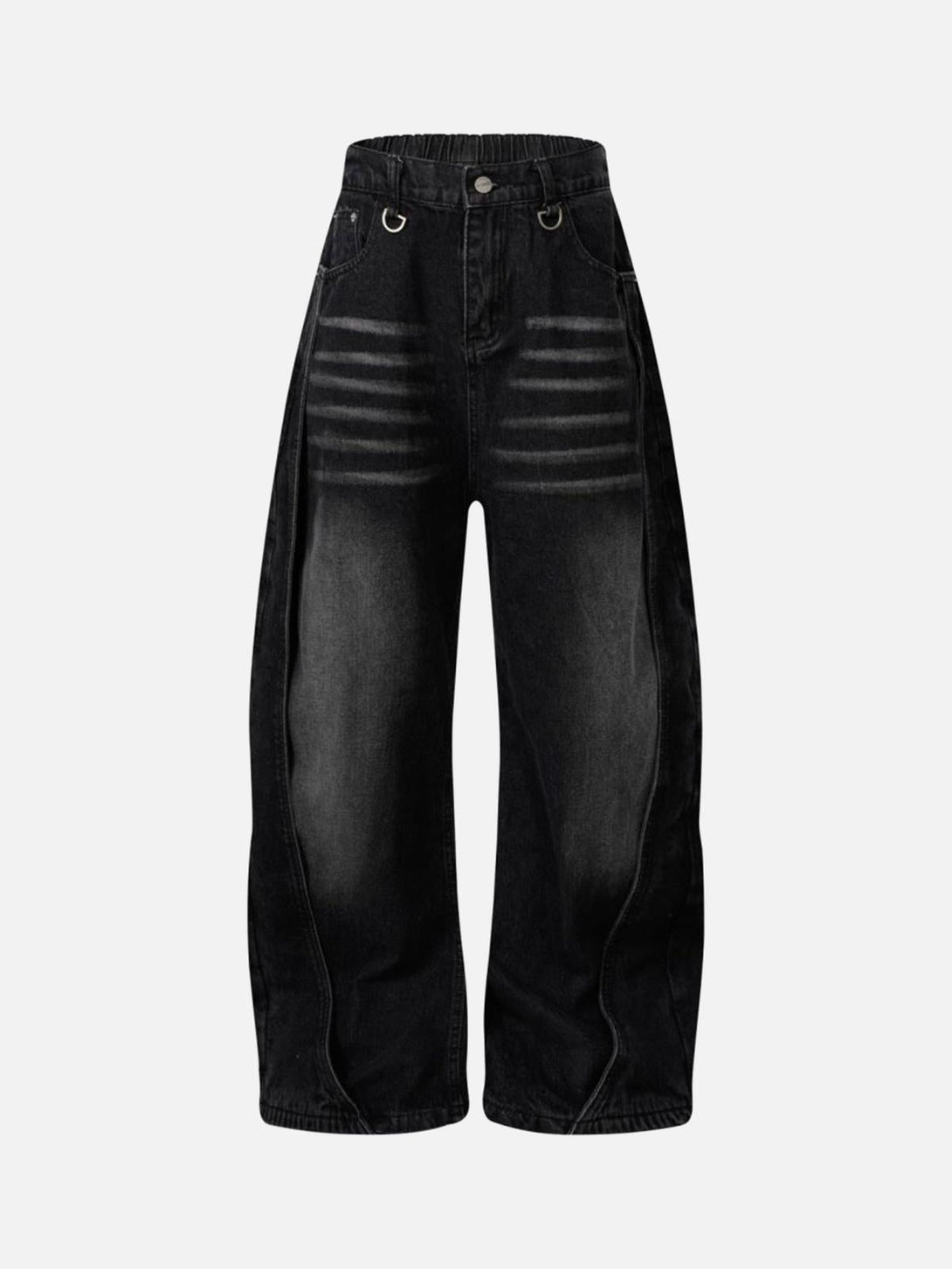 Front view of TALISHKO's black deconstructed jeans, showcasing a washed and distressed style.