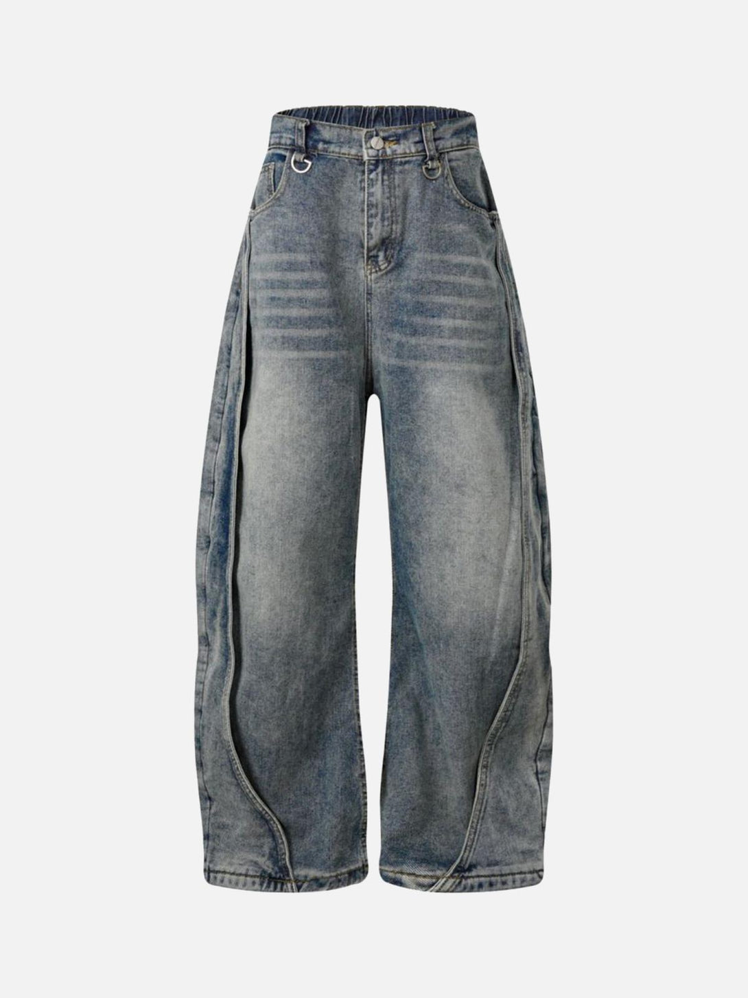Front view of TALISHKO's blue deconstructed barrel jeans, featuring a washed distressed look.