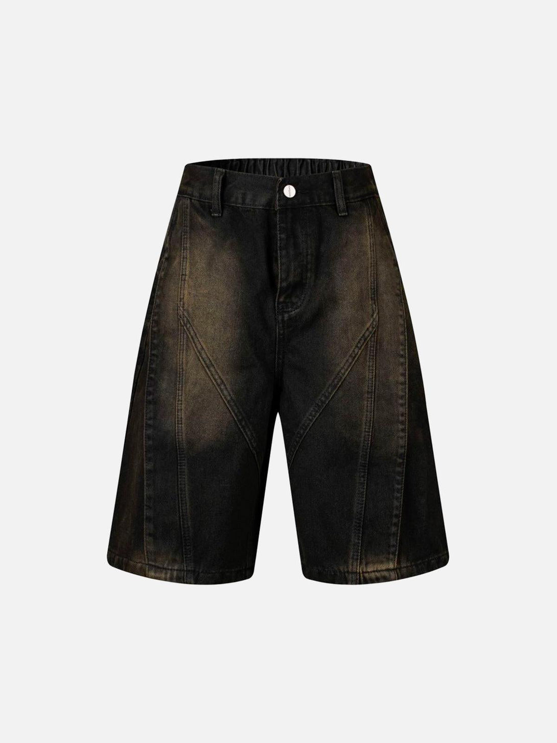 Front view of TALISHKO black washed deconstructed denim shorts, featuring a unique split design.