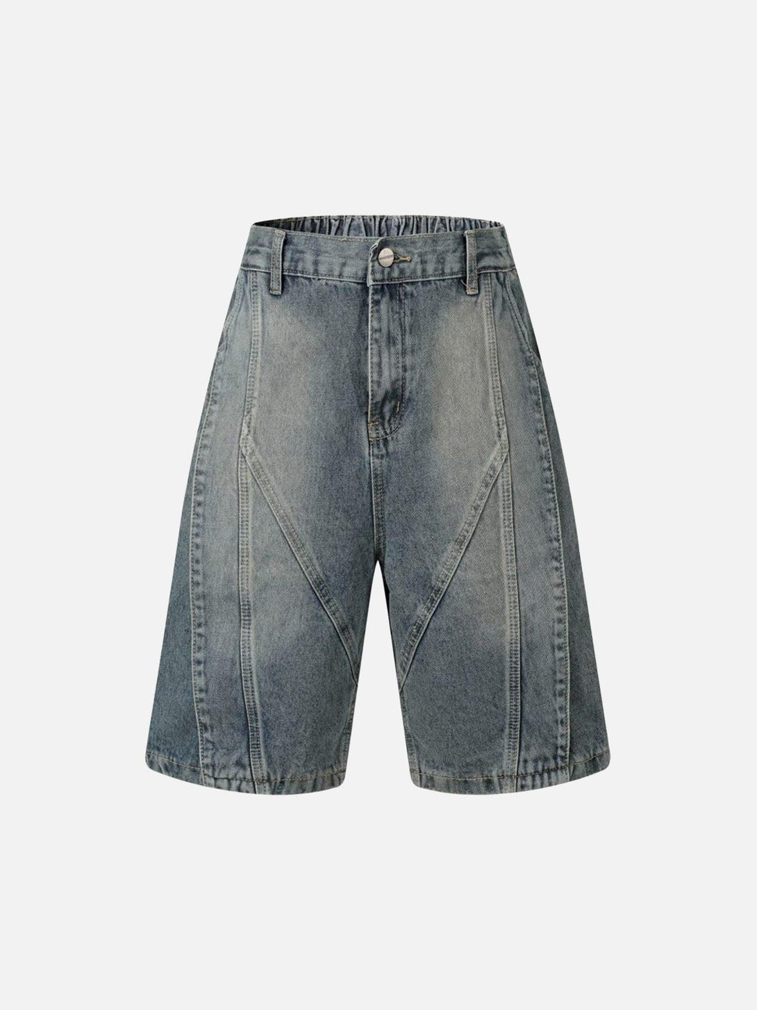Front view of TALISHKO dark blue washed distressed denim shorts, perfect for casual summer style.