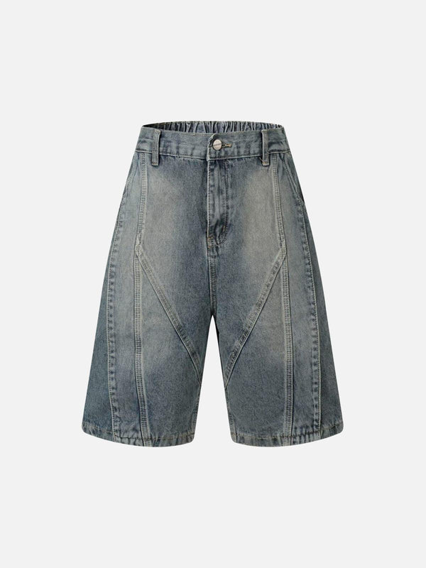 Front view of TALISHKO dark blue washed distressed denim shorts, perfect for casual summer style.