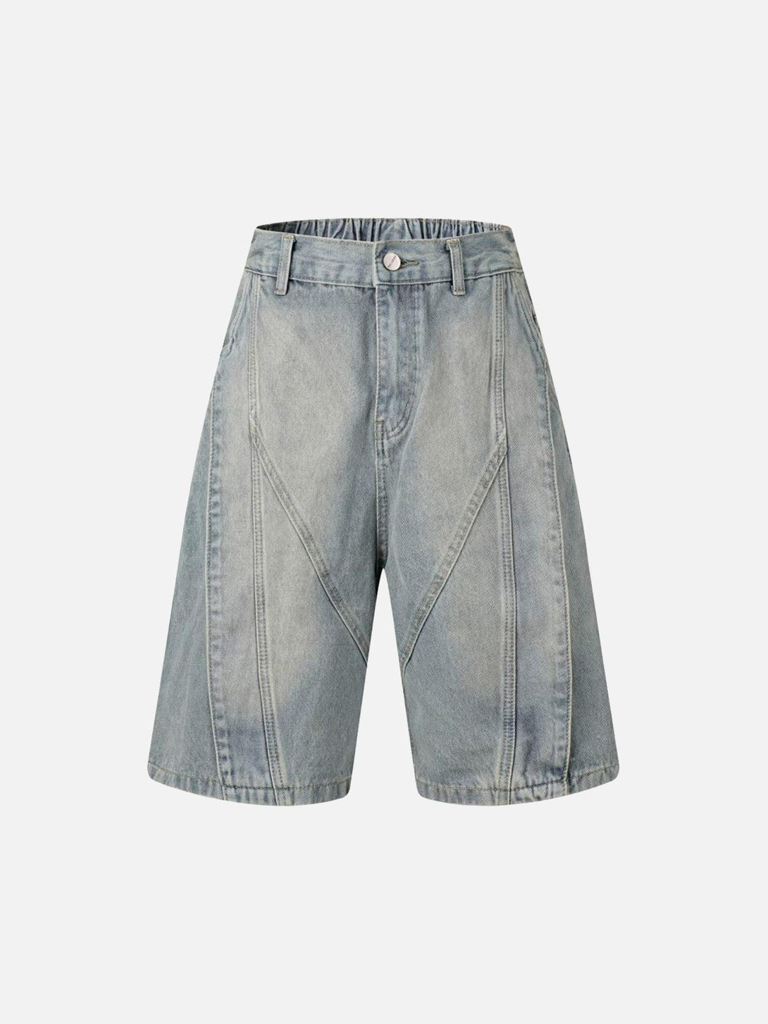 Front view of TALISHKO light blue deconstructed denim shorts, showcasing a relaxed, casual fit.