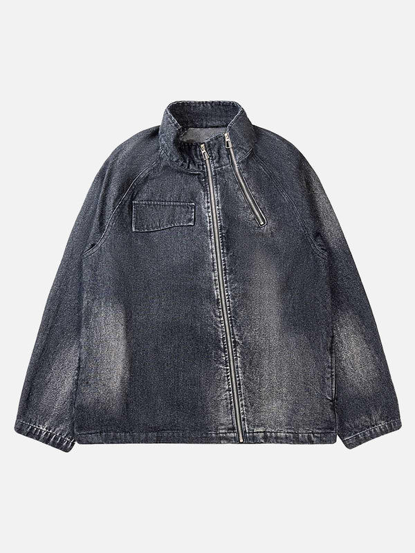 Front view of a black washed distressed denim jacket by TALISHKO, embodying urban style.