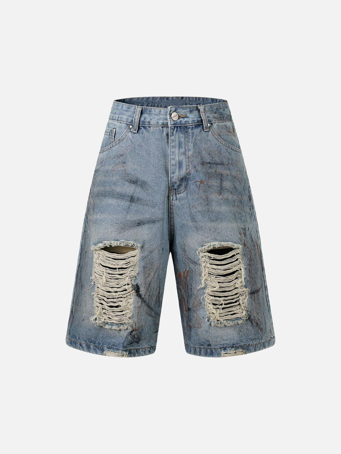 Front view of blue TALISHKO ripped denim shorts with distressed detailing and a dirty-dyed finish.