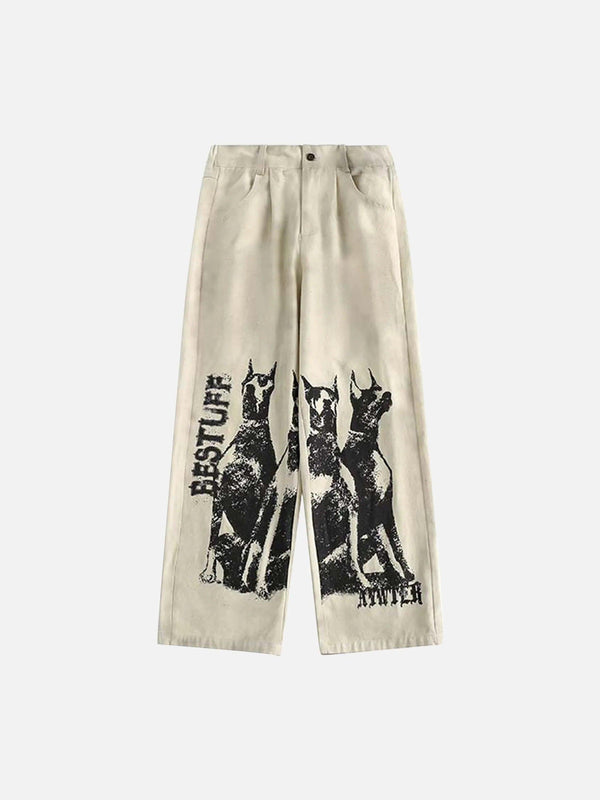 Front view of khaki sweatpants featuring Doberman graffiti by TALISHKO, perfect for urban style.
