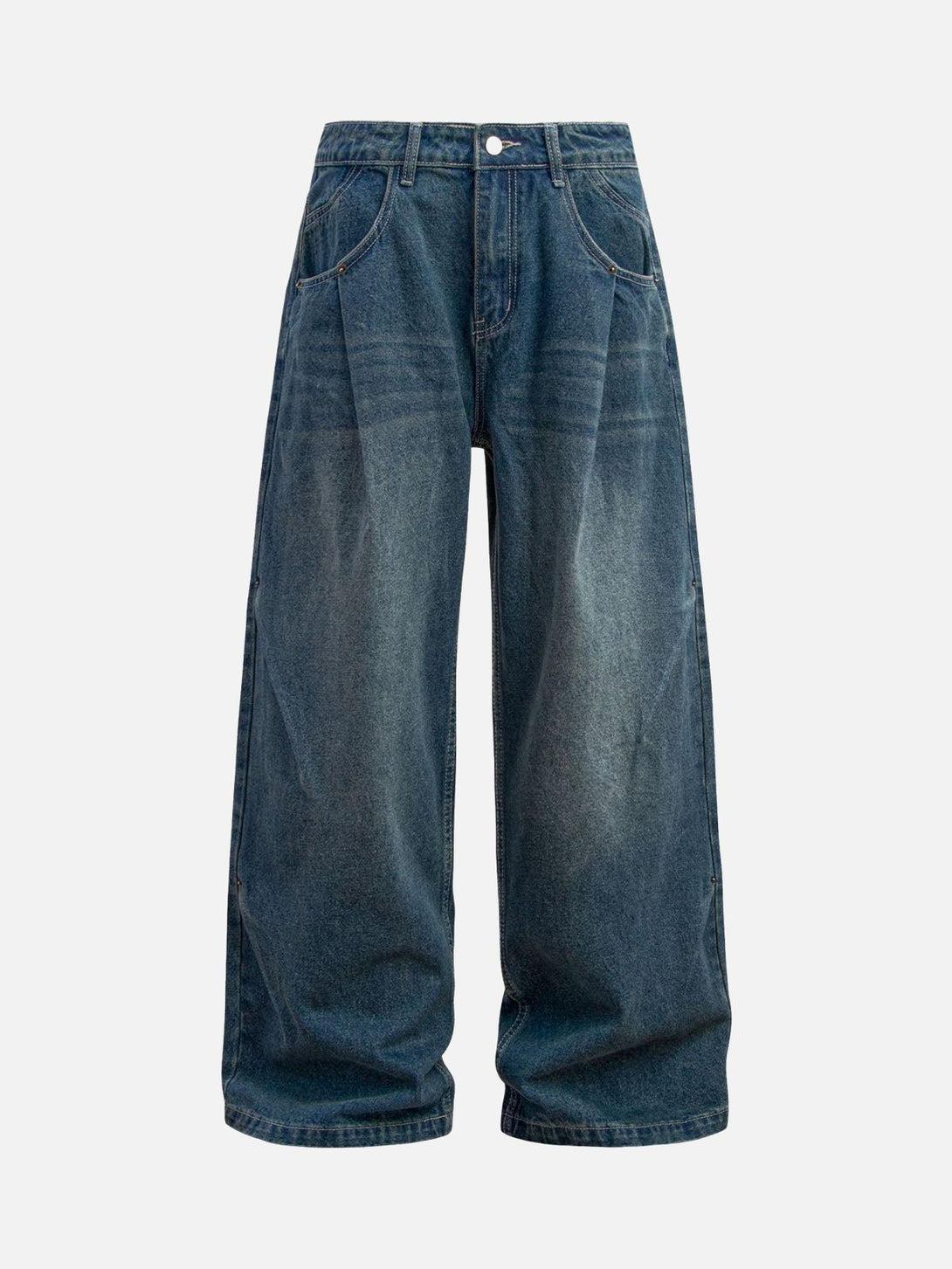 Wide-leg distressed blue jeans with double pleats in a front view by TALISHKO.