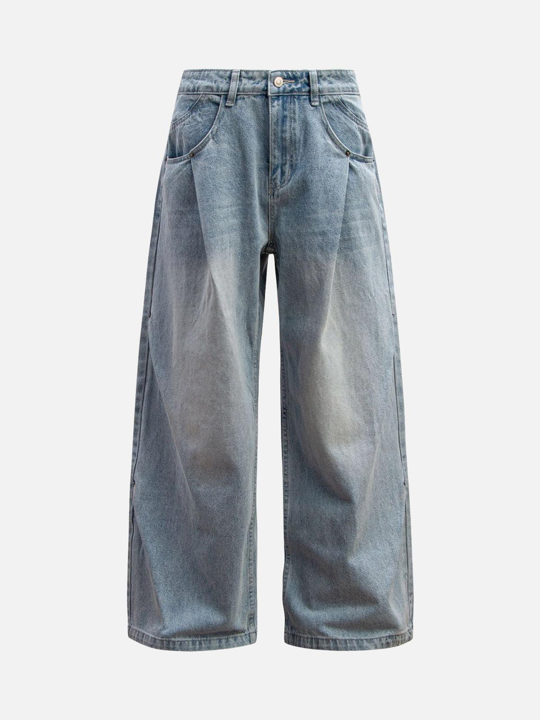 Front view of light blue washed distressed jeans with double pleats by TALISHKO, ideal for casual wear.