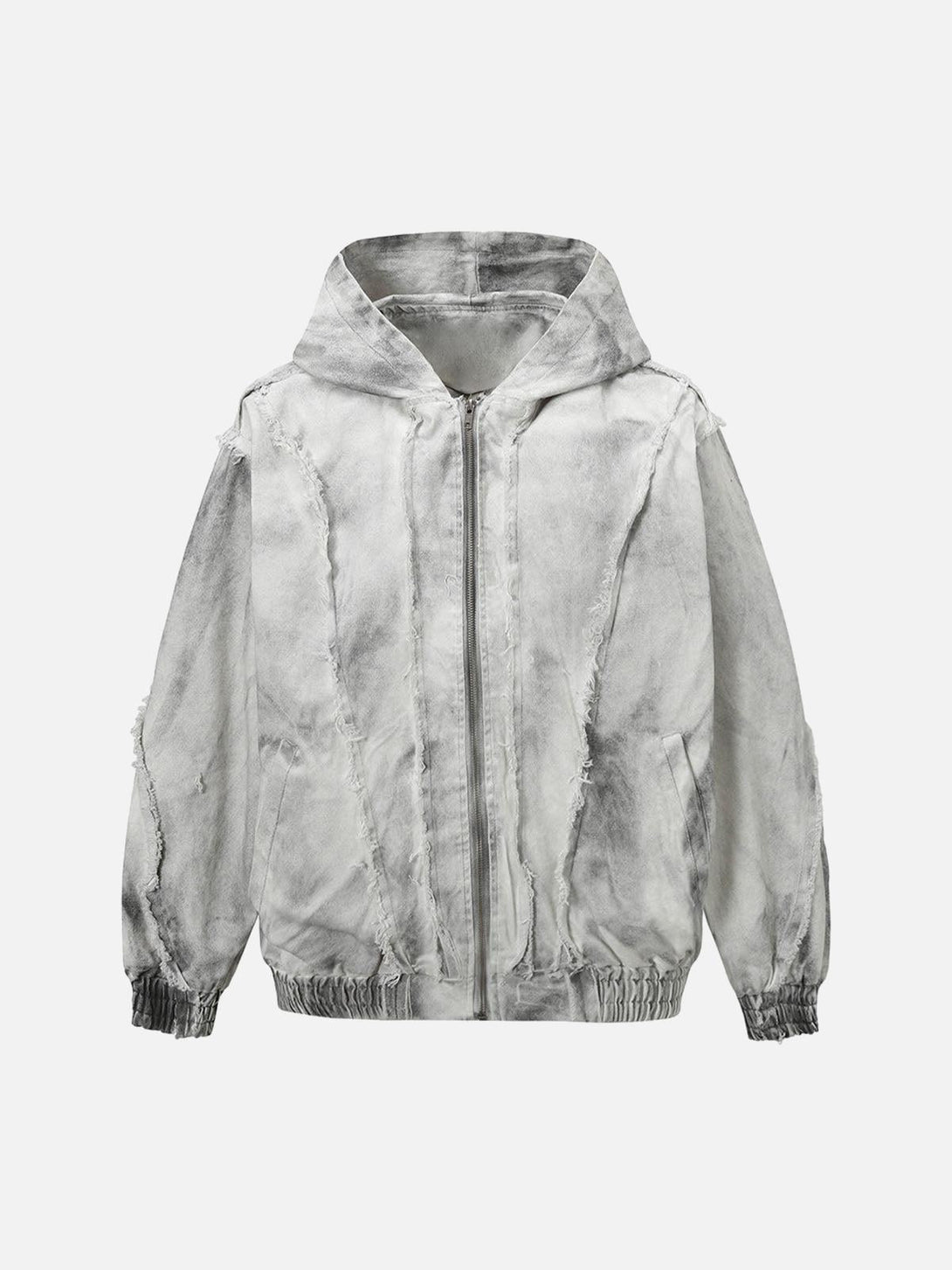 Front view of a pale washed distressed fur hooded jacket by TALISHKO, exuding urban edge.