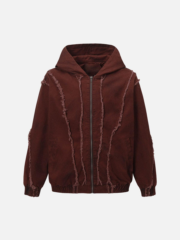 Front view of a red washed distressed fur hooded jacket by TALISHKO, ideal for urban style.