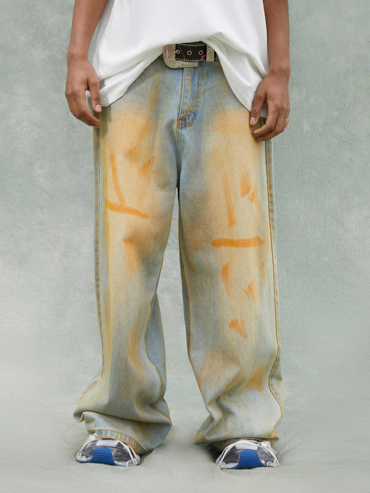 TALISHKO - Washed Distressed Gradient Design Wide-leg Jeans, streetwear fashion, talishko.com