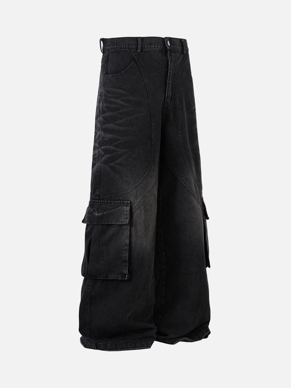 Front view of black washed distressed cargo jeans by TALISHKO, featuring multiple pockets.