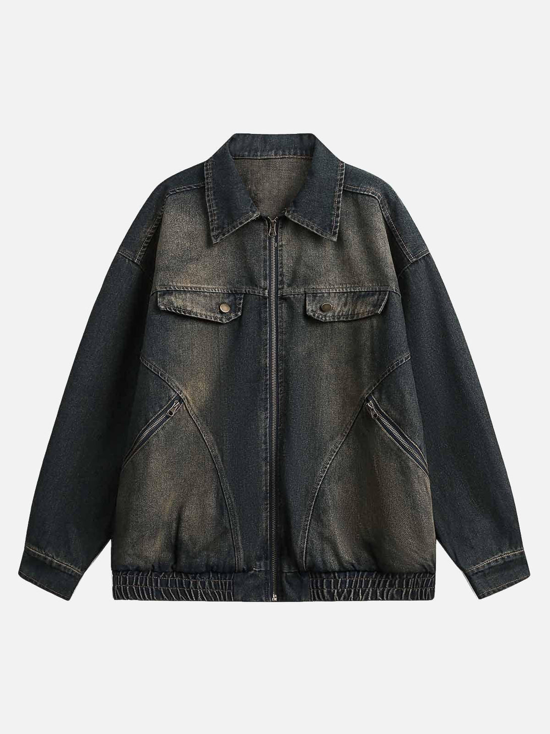 Front view of a dark blue washed distressed denim jacket by TALISHKO, featuring multiple pockets.