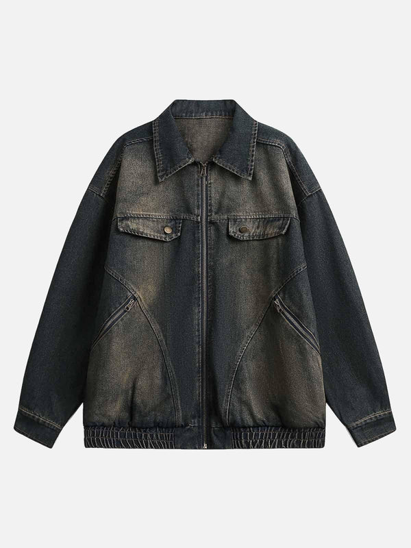 Front view of a dark blue washed distressed denim jacket by TALISHKO, featuring multiple pockets.
