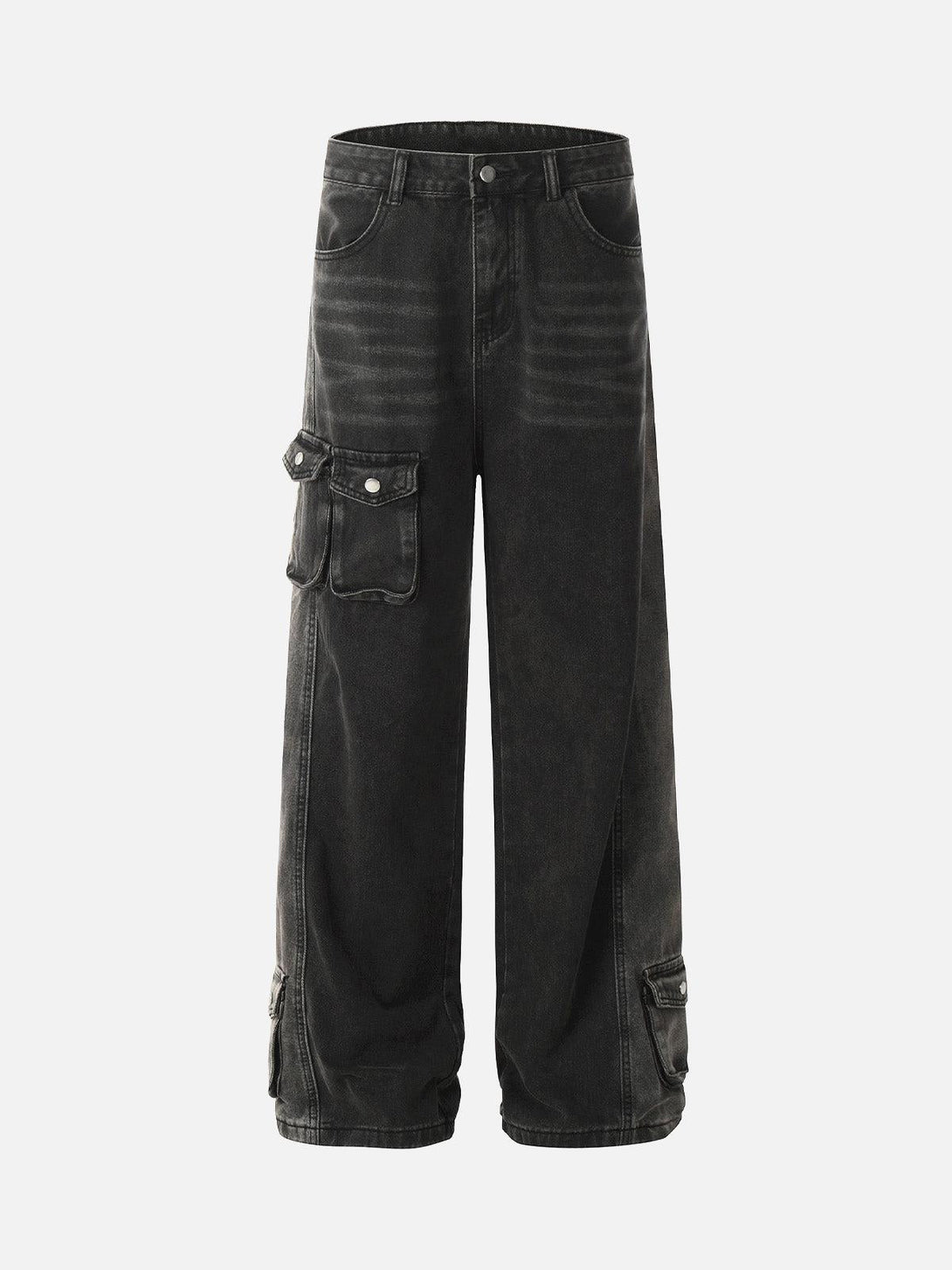 Front view of black washed cargo jeans by TALISHKO, featuring a distressed finish and multiple pockets.