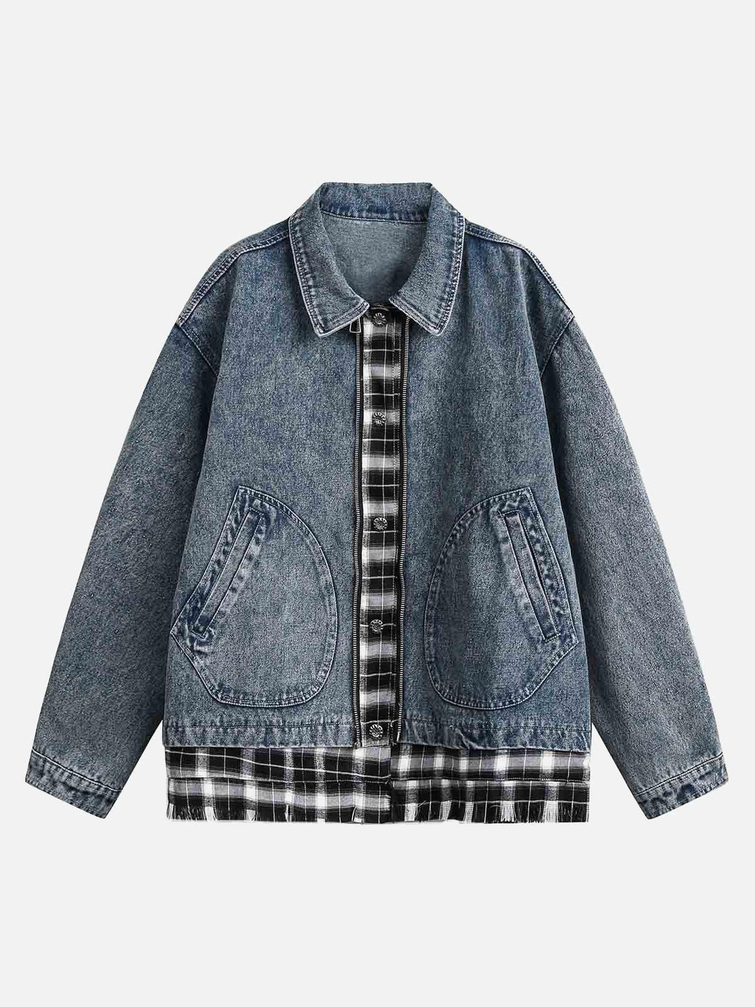 Front view of a blue denim jacket with patchwork detail by TALISHKO, featuring a faux two-piece design.