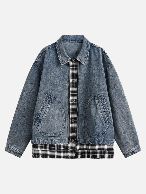 Front view of a blue denim jacket with patchwork detail by TALISHKO, featuring a faux two-piece design.