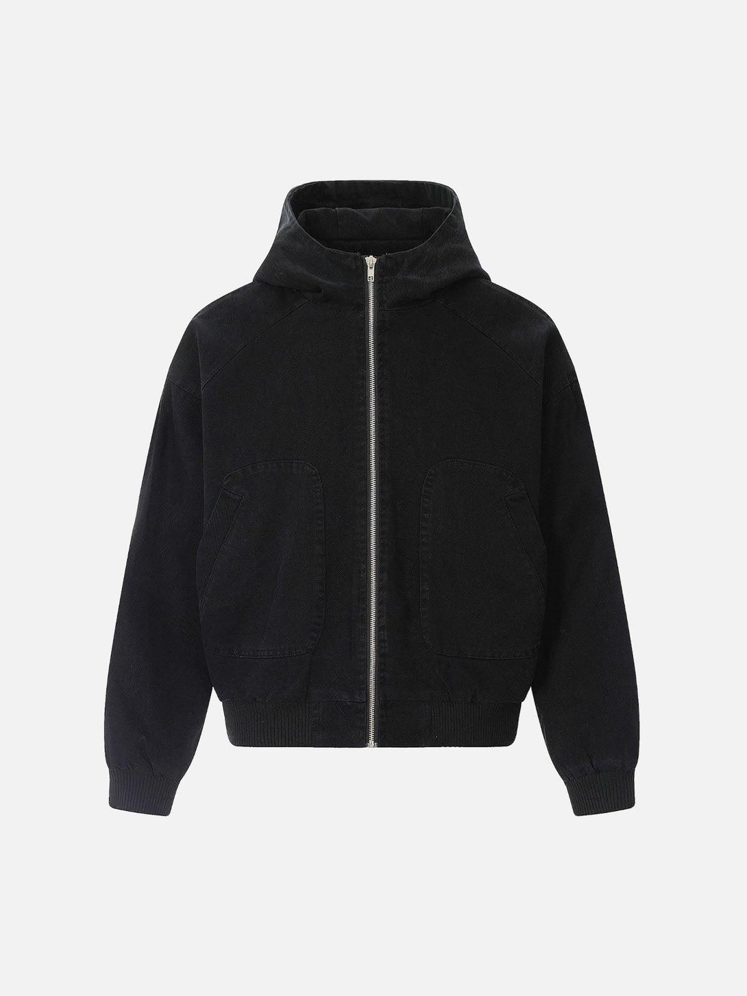 Front view of a black hooded jacket by TALISHKO, featuring a sleek design with patch pockets.