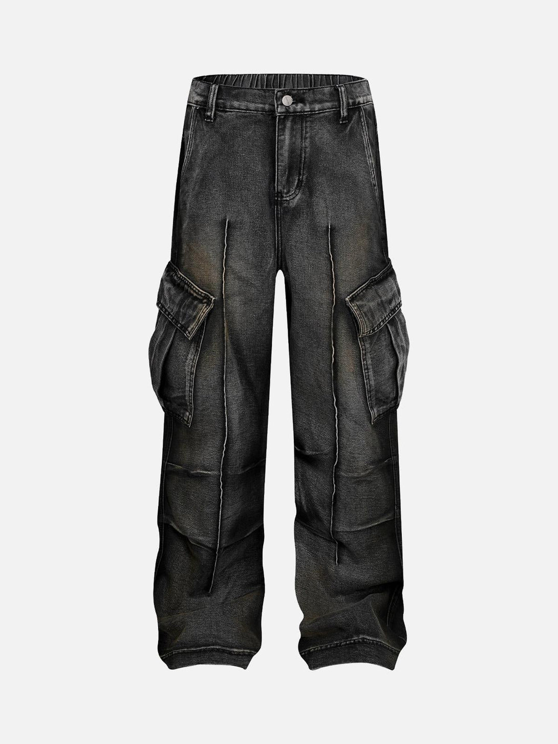 Front view of black washed distressed cargo jeans with pleats, a stylish piece by TALISHKO.