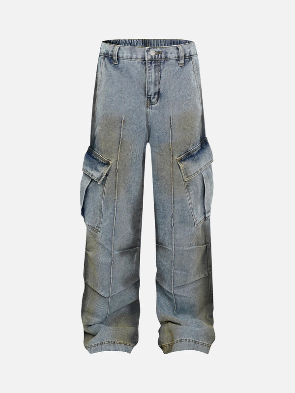 Front view of blue washed distressed pleated cargo jeans by TALISHKO, perfect for casual style.
