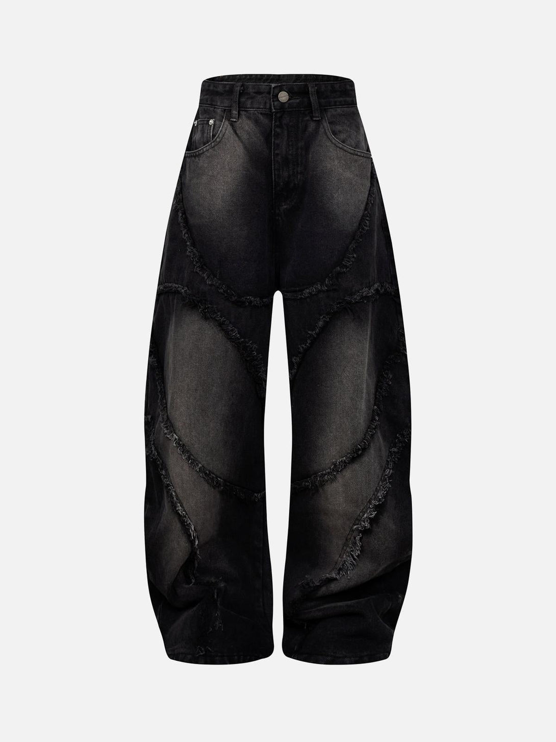 Front view of black barrel jeans by TALISHKO, featuring washed and frayed raw edges.