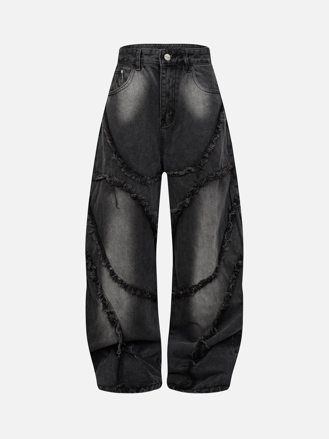 Dark gray barrel jeans by TALISHKO, front view with raw edge details and distressed texture.