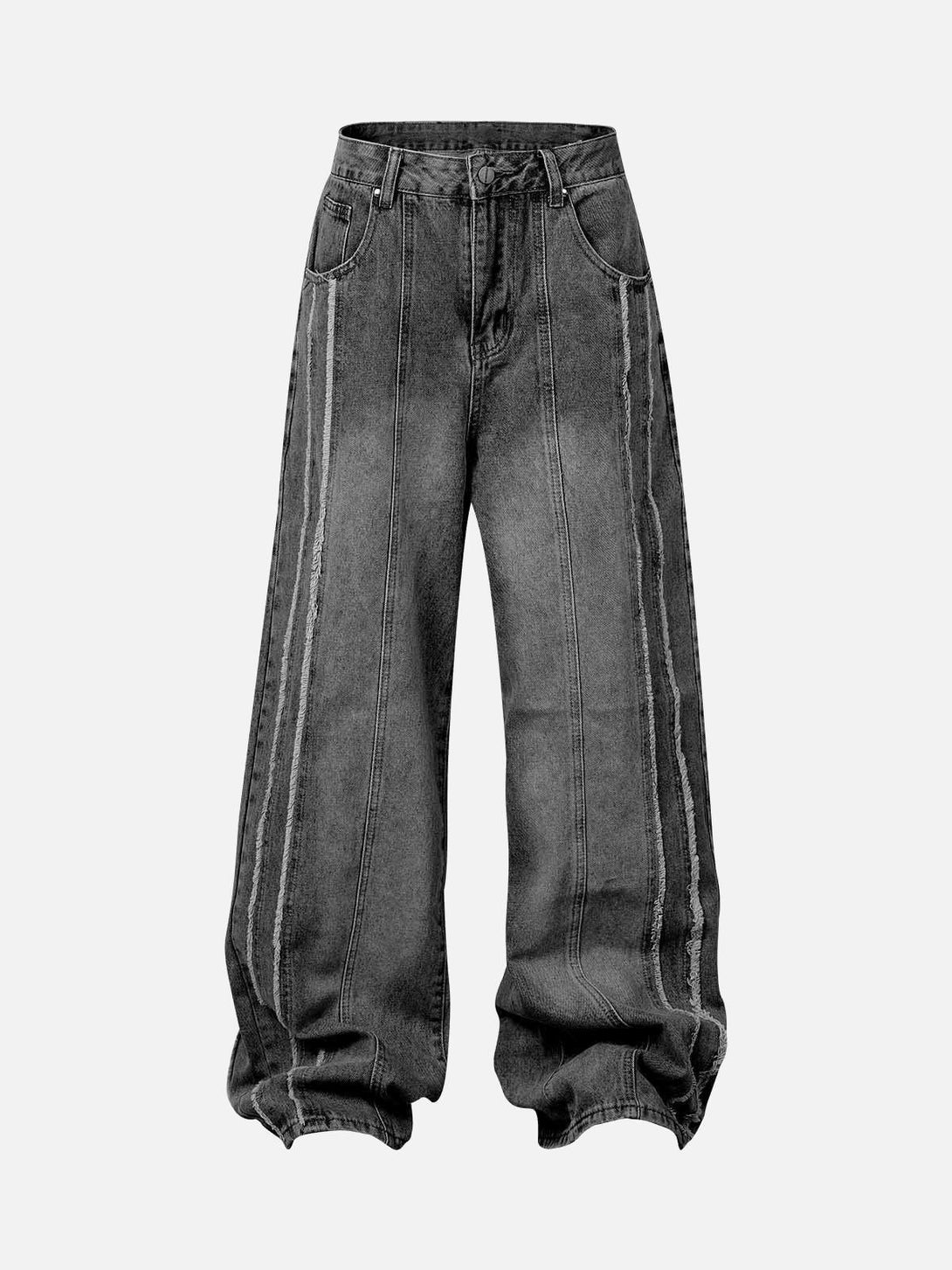 Front view of TALISHKO black baggy jeans with washed, distressed raw edges and relaxed fit.