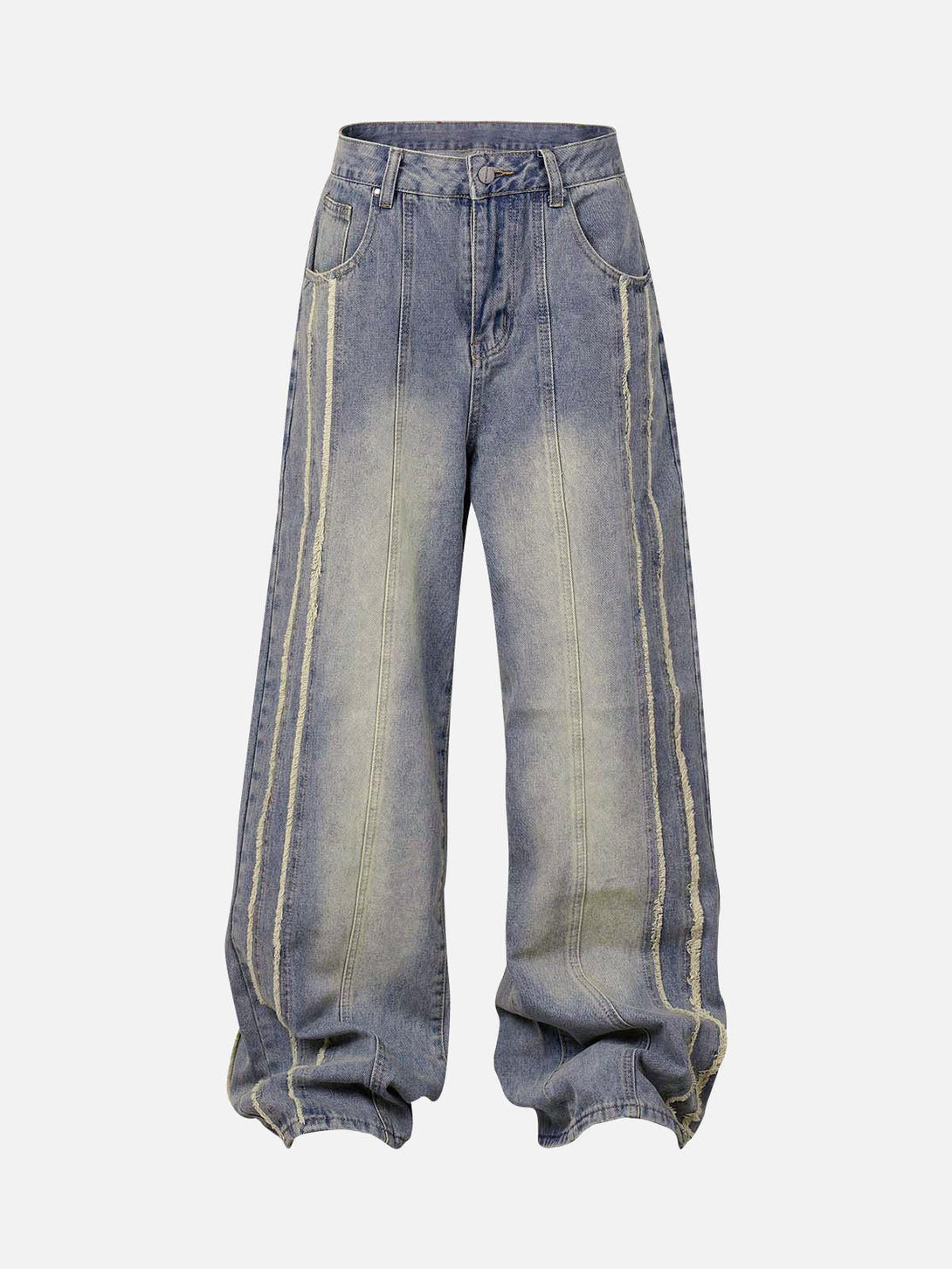 Front view of TALISHKO blue baggy jeans with washed, distressed raw edges for a relaxed look.