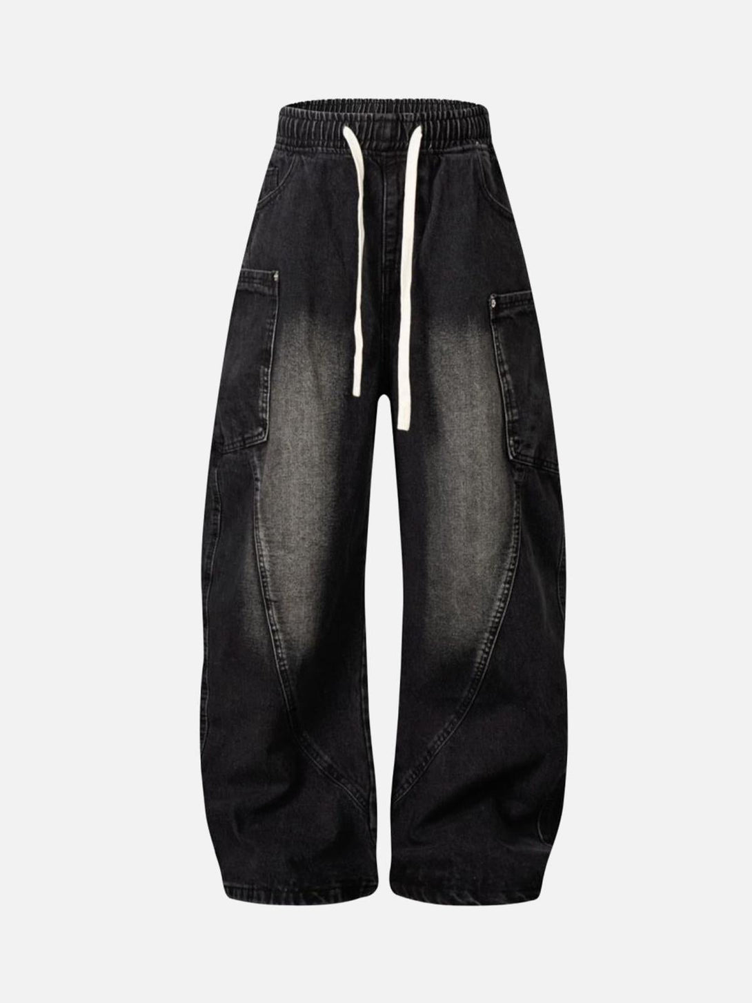 Front view of black washed distressed barrel jeans with drawstring, perfect for urban wear by TALISHKO.