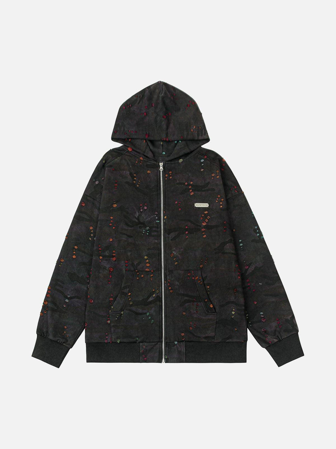 Front view of a black washed distressed zipper hooded jacket by TALISHKO, featuring colorful details.