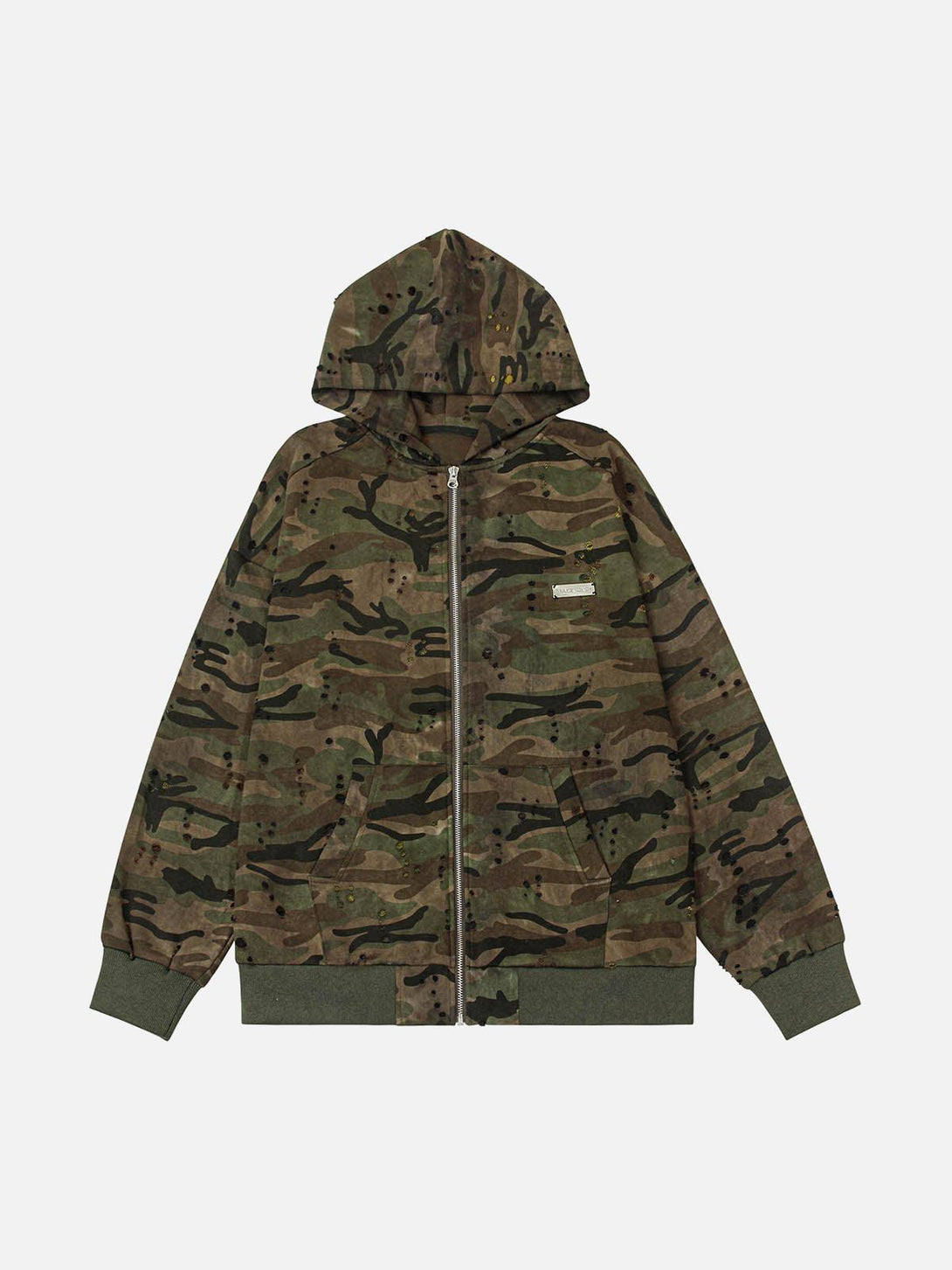 Front view of a green camo hooded jacket by TALISHKO, featuring a washed distressed look.