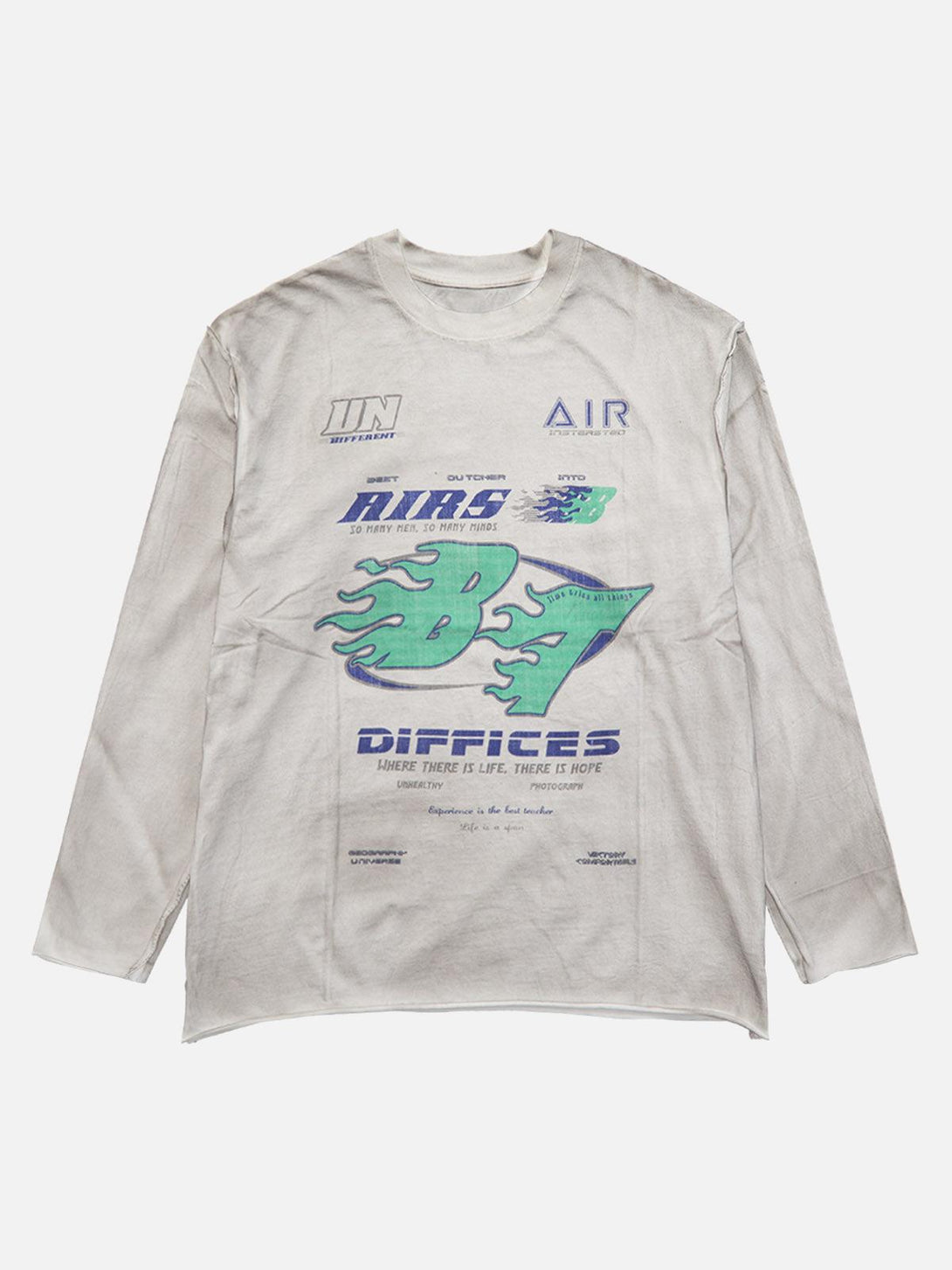 Front view of light gray long sleeve T-shirt by TALISHKO, featuring a bold graphic design.