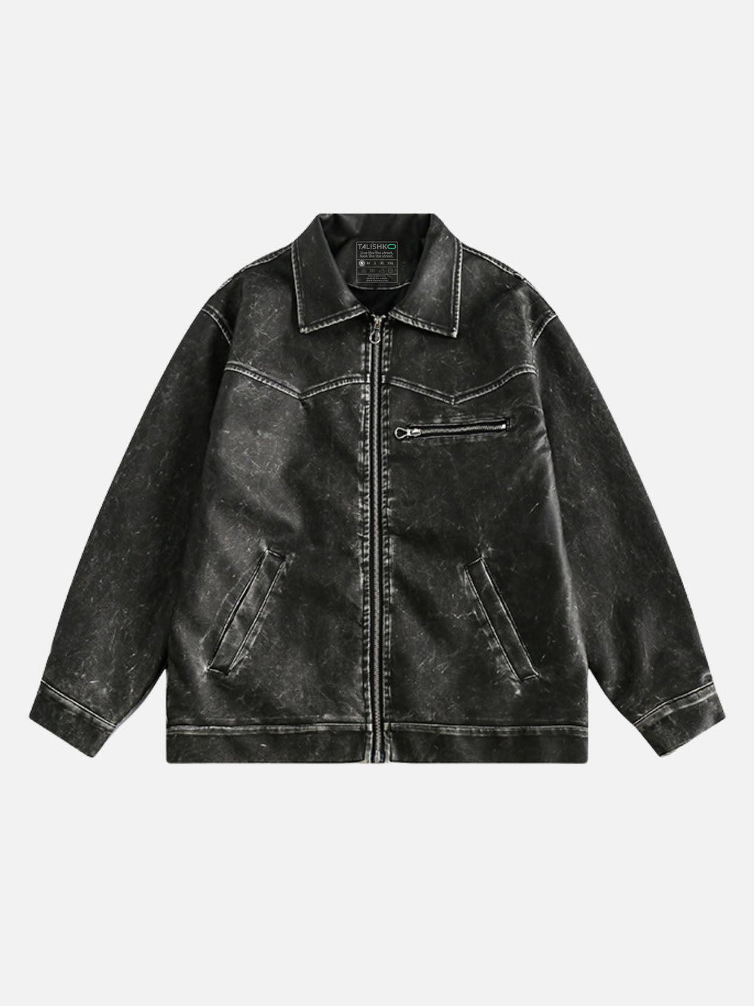 Front view of a black washed faux leather jacket by TALISHKO, showcasing urban style.