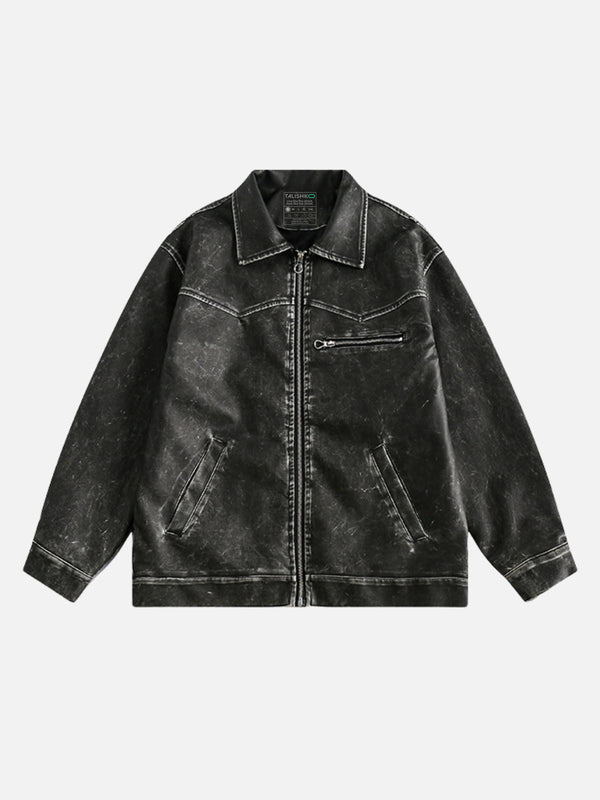 Front view of a black washed faux leather jacket by TALISHKO, showcasing urban style.