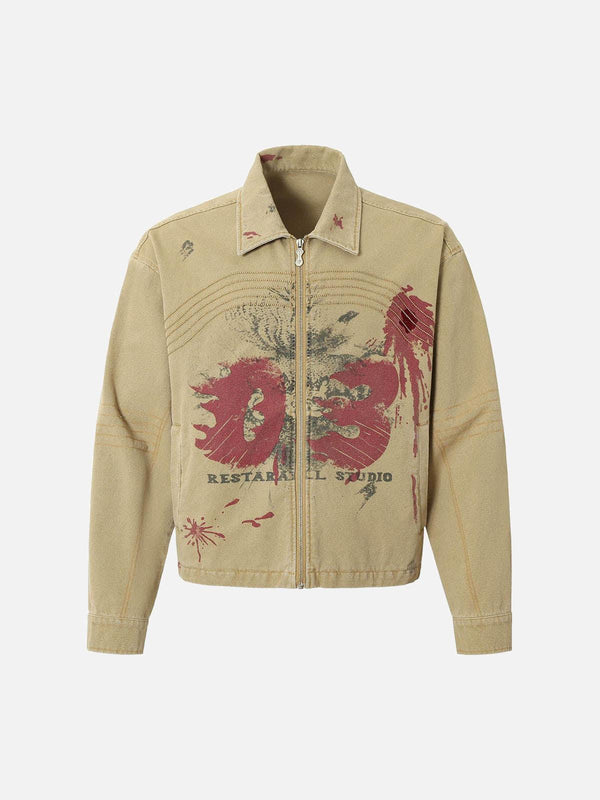 Khaki zip-up workwear jacket with graffiti design by TALISHKO, showcasing urban style.