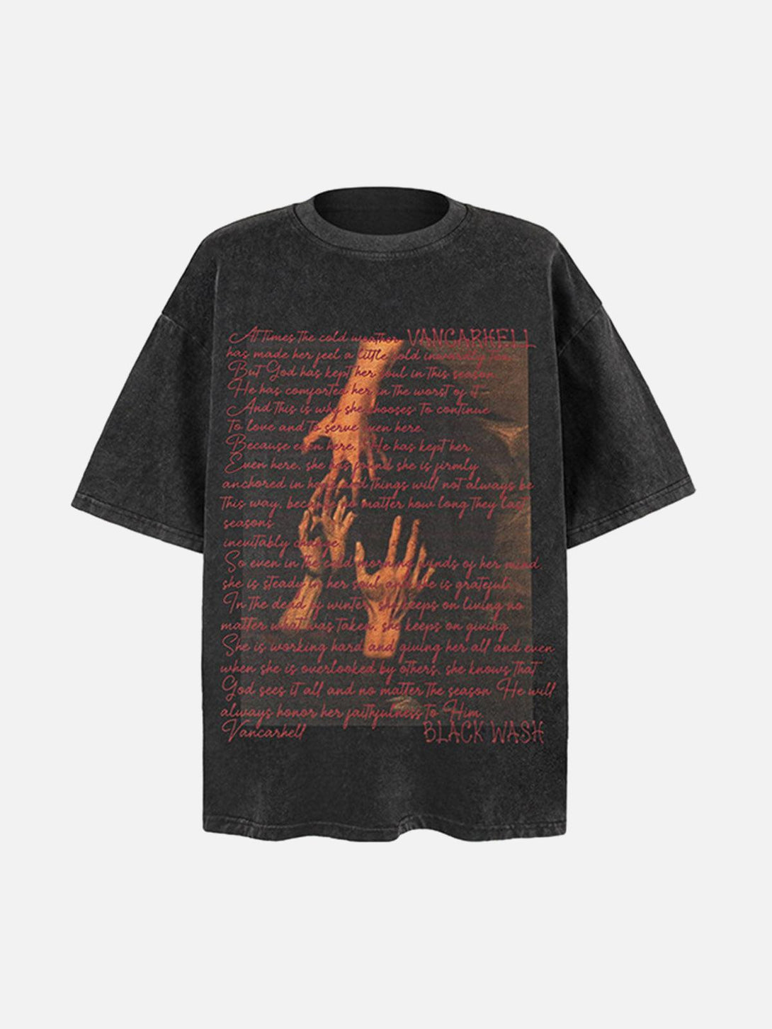 Front view of a black washed graphic T-shirt by TALISHKO, featuring bold text and imagery.