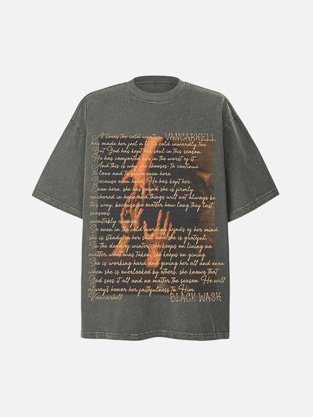 Front view of a gray washed graphic crew neck T-shirt by TALISHKO, featuring a unique text design.