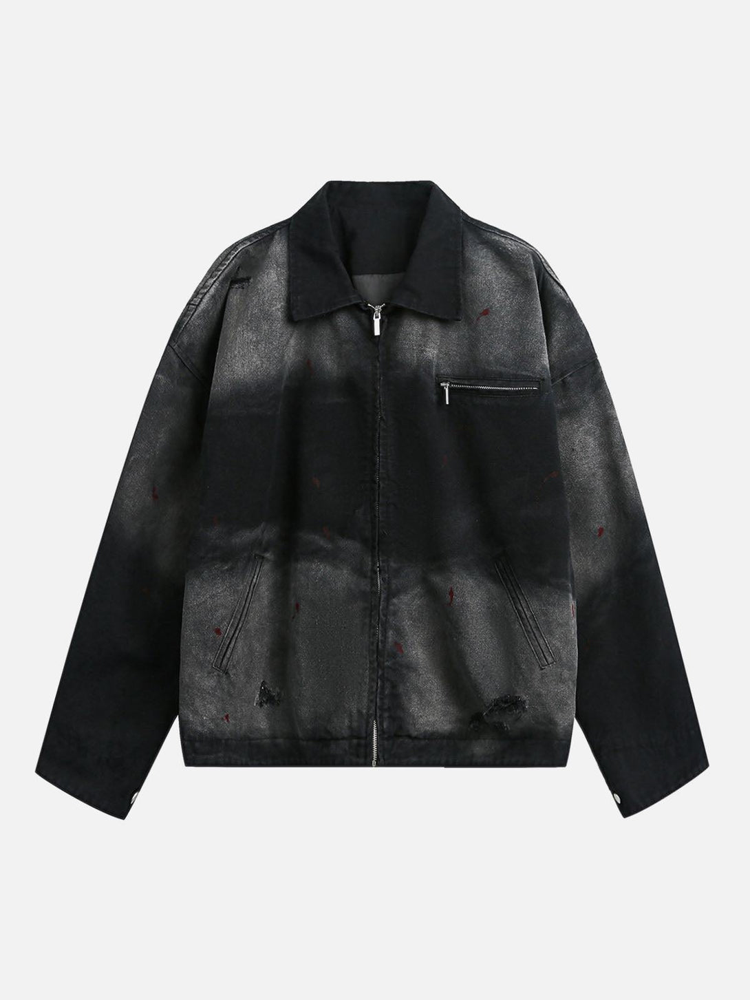 Front view of a black washed ink gradient denim jacket by TALISHKO, featuring a unique ripped design.