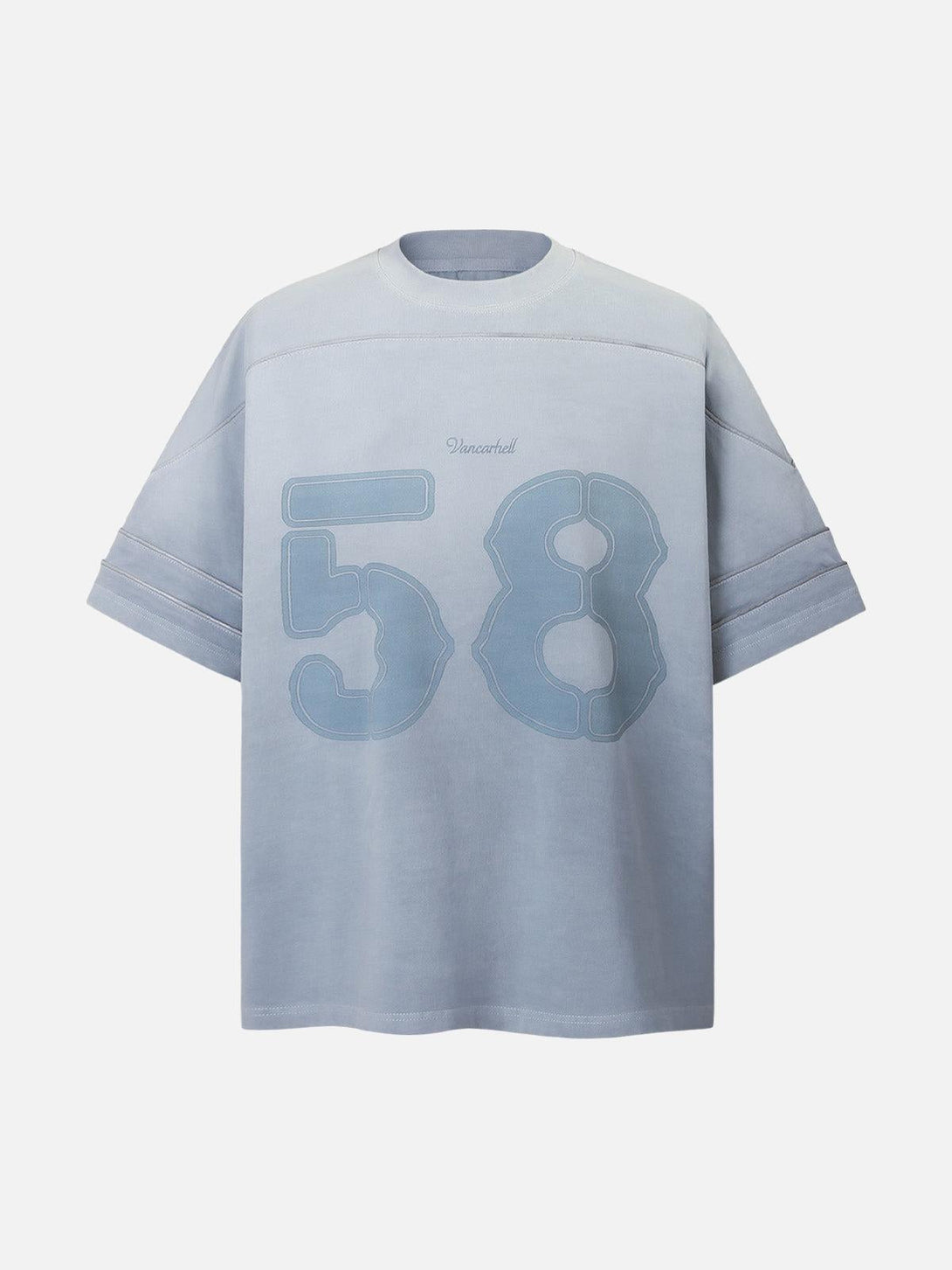 Front view of blue washed jersey T-shirt by TALISHKO with welt stitching and number 58.