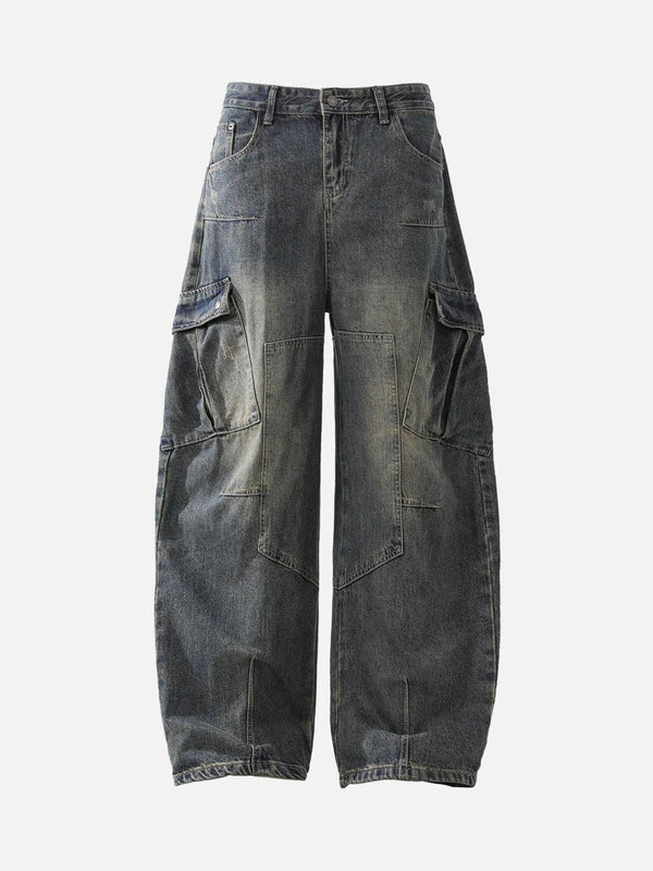 Front view of navy blue baggy barrel cargo jeans by TALISHKO, featuring multiple pockets.
