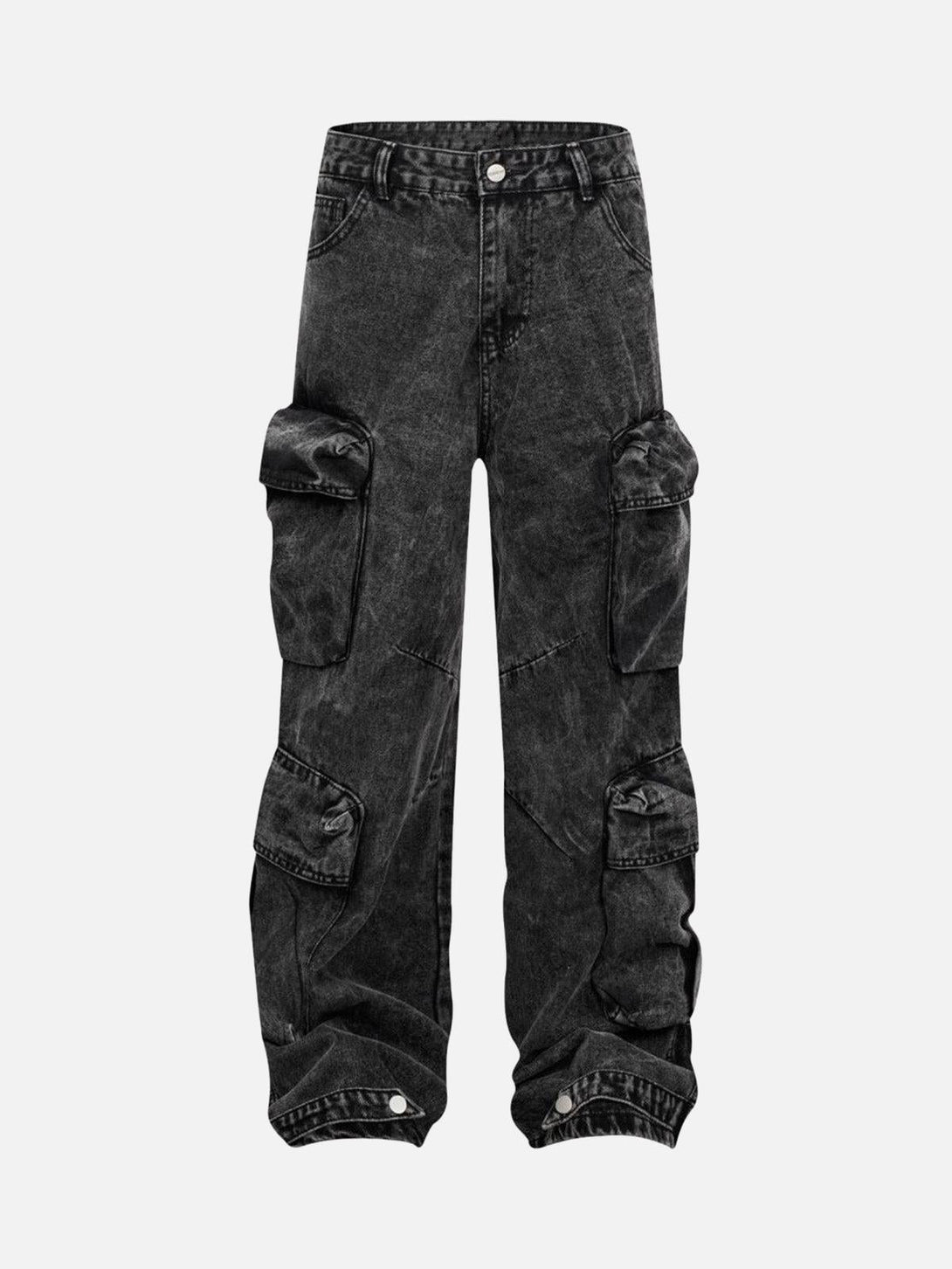 Front view of black washed cargo jeans by TALISHKO, featuring multiple pockets for urban flair.