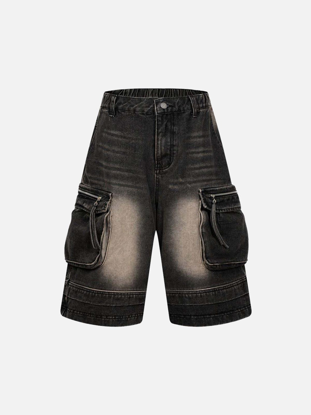 Front view of black washed denim cargo jorts with multiple pockets by TALISHKO.