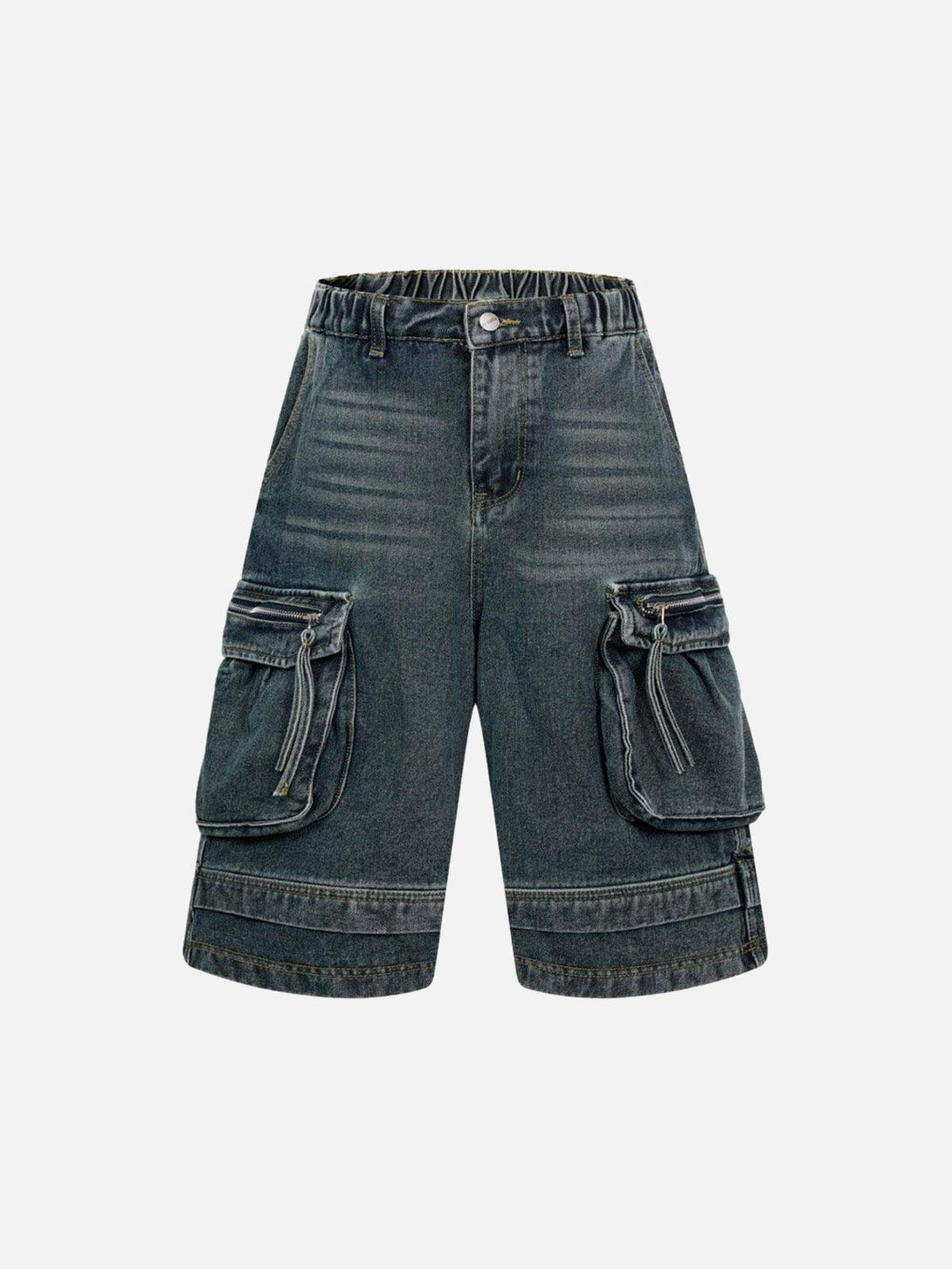 Front view of dark blue denim cargo jorts with multiple pockets, designed by TALISHKO.