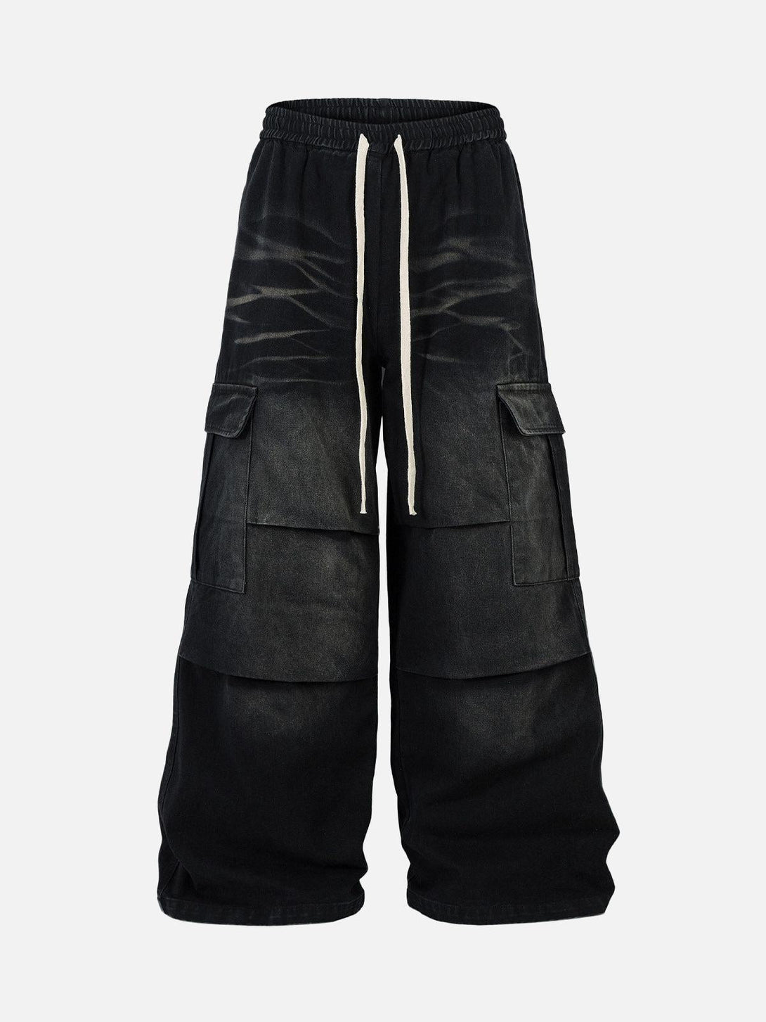 Black cargo jeans with drawstring by TALISHKO, featuring a front view and multiple pockets.